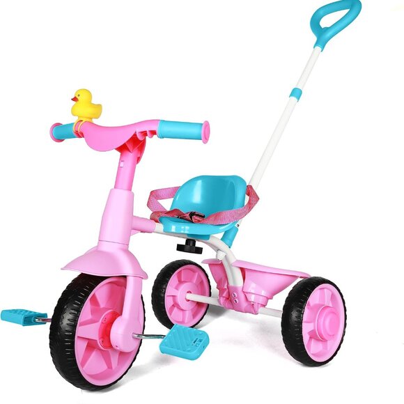 Kriddo 2 in 1 Kids Tricycle with Parent Push Handle Pink Aqua Toddler Bike - Picture 1 of 15